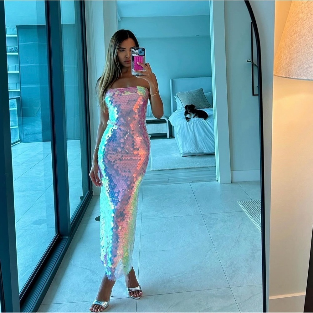 Nookie Iridescent Sequin Strapless Midi Dress - Pink/Green Shift